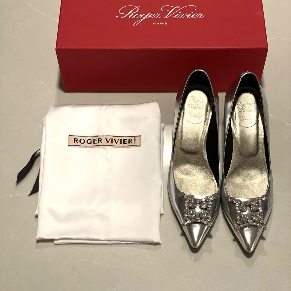 Roger Vivier Flower Strass Buckle Silver Embellished Kitten Heels - Picture 7 of 11
